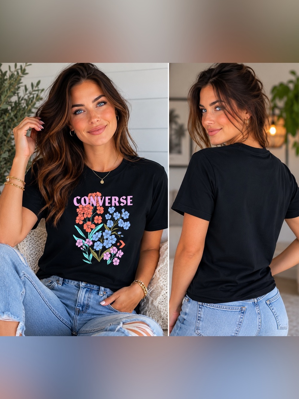 Converse Black Short-Sleeve Tee with Pink and Blue Floral Logo